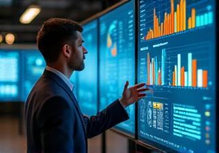Analisi dati mobile: schermo con grafici digitali e manager al lavoro