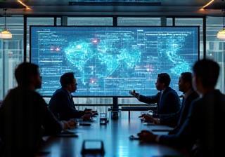Soluzioni enterprise: team in sala riunioni e schemi digitali di networking