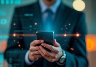 Concetto di connessione mobile: manager con smartphone e sfondo rete